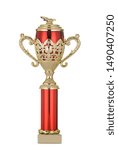 Small photo of Gold cup with red parts for the first place