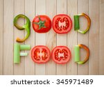inscription of fresh vegetables good food on a wooden background