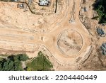 road construction. building road intersection. roundabout. aerial top view.