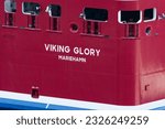 Small photo of Mariehamn, Finland - June 26th 2023: Viking Glory Mariehamn sign on the Viking Line MS Viking Glory cruise ship ferry
