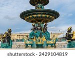 Small photo of Paris, France, Nov 13, 2023: The Maritime Fountain designed by Jacques Ignace Hittorff in 1840, with the Hotel de Crillon in the background