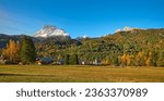Small photo of View of Monte Pelmo from S. Vito di Cadore, Belluno district, Veneto, Italy, Europe. Reflection of autumn foliage in the woods at the foot of Monte Pelmo in the Boite valley, Dolomites.