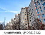 View of the Gazdagrét - prefabricated concrete block of flats building in Buda, district 11 - low angle view 
