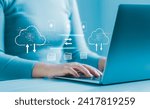 Small photo of File transfer concept, backup data, documents saved in storage, cloud technology, upload and download. Computer backup copy