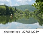 The Starozagorski bani lake in the summer - a place in Bulgaria for tourism and recreation with hot springs and beautiful nature. Horizontal image with copy space