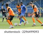 Small photo of Millenic Alli of FC Halifax Town controls the ball during the match against Eastleigh FC at The Shay Stadium in Halifax, England on April 29th 2023.