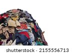 Small photo of large pile stack of textile fabric clothes and shoes. concept of recycling, up cycling, awareness to global climate change, fashion industry pollution, sustainability, reuse of garment