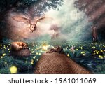 A path in a beautiful forest with a fantasy fairy tale feel with wild animals, small mushroom house and mist. Fairy tale concept. Can be used as a background, backdrop