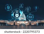 Small photo of Front view, Capitol dome building at night, Washington DC, USA. Illuminated Home of Congress and Capitol Hill. The concept of cyber security to protect confidential information, padlock hologram