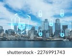 Seattle skyline with waterfront view. Skyscrapers of financial downtown at day time, Washington, USA. The concept of cyber security to protect confidential information, padlock hologram