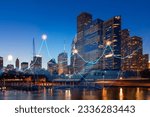 Small photo of Skyscrapers Cityscape Downtown View, Chicago Skyline Buildings. Beautiful Real Estate. Night time. Forex Financial graph and chart hologram. Business education concept.