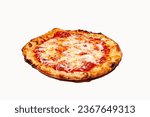Small photo of A saucy and cheesy whole pizza with crispy crust on a white background