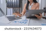 Small photo of Excited Asian bookkeepers doing bookkeeping, accounts payable, assets, book value, equity, inventory, liabilities, cost of goods sold, depreciation, expenses, Gross profit, diversification, liquidity