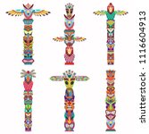 Traditional totem pole with tiki mask and eagle. Vector cartoon flat icons set isolated on white background.