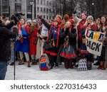 Small photo of Oslo, Norway, 4th of March 2023. Sami people, and others, are having a demonstration against the Government because of the windmills they have built on their land.
