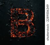 Small photo of A photo of a burning capital letter B on a black background is made of hot coals.