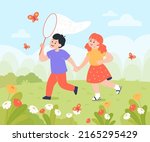 Cartoon boy and girl catching butterflies together in garden. Lawn with beautiful flowers, children catching insects with ne flat vector illustration. Nature, spring, science concept for banner