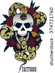 skull with snake and five roses ... | Shutterstock .eps vector #374721760