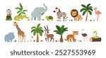 Jungle animals. Cute safari wild mammals. Funny exotic mammal, bird and reptile. Elephant, parrot, lion, crocodile, turtle and palm tree. Kids vector set.