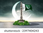 Minar e Pakistan on a cloudy background with Pakistan flag concept - 23 March 1940