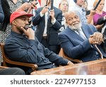 Small photo of Washington, DC US - Oct 11, 2018: Jim Brown looks on as Kanye West speaks as he meets with US President Donald J. Trump in the White House Oval Office. Credit: Ron Sachs - CNP