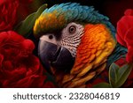 Parrot on the flower. Beautiful extreme close-up. 