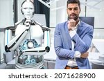 Businessman and humanoid robot thinking in conference room