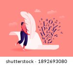 Literature and Writing Hobby, Occupation. Tiny Female Author Character with Huge Feather Pen Writing on Blank Paper Sheet, Woman Create Books, Poetry or Narration Concept. Cartoon Vector Illustration