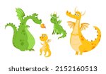 Set Of Cute Dragons With Green...