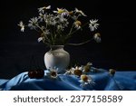 Draped background. Still life of flowers - summer blooming chamomile
