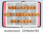 Small photo of Vancouver, BC, Canada - Circa May 2023: Scrabble letters spelling Bible Verse Nehemiah 1:5 Who keeps His covenant of Love