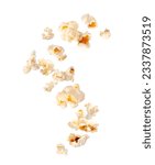 Small photo of Fluffy popcorn scattered in the air isolated on a white background