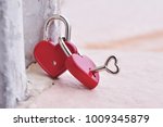 Couple red heart lock with key  lean against vintage pole, valentine love symbol and ending love symbol. Love is an emotion that keeps people bonded and committed to one another.