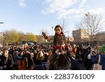 Small photo of London, UK, 2nd April 2023. The Syrian refugee girl Little Amal puppet continued her journey, to highlight the plight of displaced people, through Somers Town to Granary Square, Kings Cross, London.