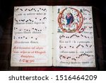 Small photo of CARMONA, SPAIN - Dec 30, 2018: Chantbook or antiphonary of Gregorian chant music inside the Convento de Santa Clara (Convent of St. Claire)