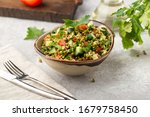 Healthy salad with mung beans, tomatoes, cucumber, lettuce and greens