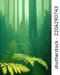 Prehistoric antediluvian forest landscape with primitive trees and ferns. Tropical primeval environment. Digital 3D illustration.