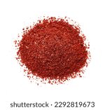 Small photo of dry red chili pepper flake or ground powder coarse paprika isolated on white background. pile of red chili pepper flake or ground powder coarse paprika isolated. top view overhead