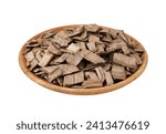 Small photo of french oak wood chip for smoking meat and fish isolated on white background. heap of french oak wood chip isolated. french oak wood chip isolated in bowl