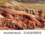 Small photo of Colorful Mars in Altai Mountains. Martian valley, beautiful landscape in Altai Republic, Russia. Colored hills, nature environment landmark.