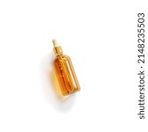 Small photo of Serum or liquid collagen dropper bottle isolated on white background with sunlight and shadow with caustic effect. Anti age cosmetics products. Skincare beauty product, summer concept. Above view