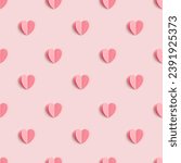 Small photo of Pink hearts on pink colored background, minimal trend seamless pattern, pastel monochrome color print as valentines day or wedding background. Paper cut hearts, romantic holiday concept, top view
