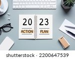 2023, new year action plan concepts with text on notepad and office accessories.Business management,Inspiration to success ideas