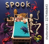 Small photo of A little plasticine girl lies on a wooden bed, surrounded by a funny pumpkin, monsters, skeleton and she's a little scared. With volumetric lettering Spook. Halloween mood. Halloween picture.