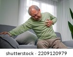 Small photo of heart attack symptoms, Senior heart attack suffering indoor, Elderly hand touching heart, Emergency of senior has heart attack suddenly. face of suffering from unhealthy, healthcare medical