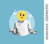 Small photo of man with doubt, man with question marks, doubt emoticon, doubtful, man with doubt hands, question marks, question, questionnaire, survey, interview, concept, collage art, photo collage
