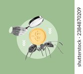 Small photo of Ant expenses, ant carrying money, hand with magnifying glass, analyzing ant expense, small expenses, analyzing small expenses, micro expenses, good finances