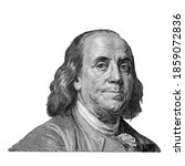 Small photo of Sixth US president Franklin Benjamin (1785-1788) isolated on white background. Black and white portrait of Franklin Benjamin. Fragment of 100 US dollar banknote