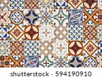 Texture of ceramic tiles in oriental style. Portugal ceramic tiles laid out on the wall. Wall ceramic porcelain tiles for the home, restaurant decoration. Turkish style kitchen tiles in colors