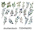 decorative watercolor leaves... | Shutterstock . vector #735496093
